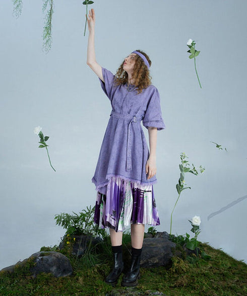 Washed Denim Belted Flare Dress